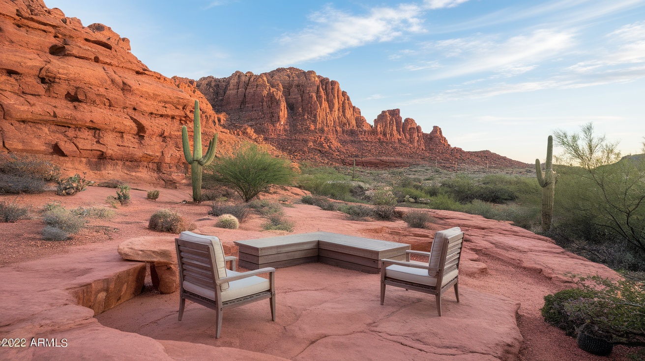 A tranquil seating area in a Southwest desert setting with red rock formations and cacti.