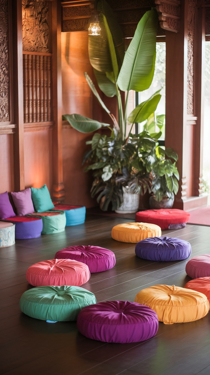 A serene Thai meditation space with colorful cushions and lush plants.