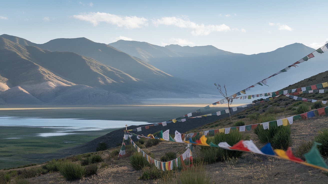 A serene landscape with Tibetan prayer flags fluttering in the wind, set against mountains and a calm body of water.