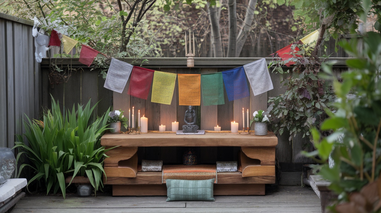 A serene backyard with Tibetan prayer flags, candles, and a statue, promoting mindfulness and reflection.