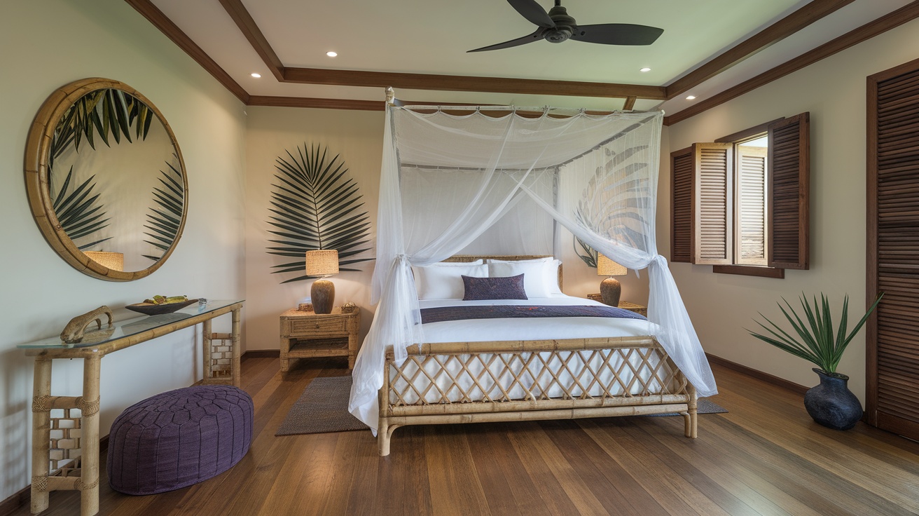 Cozy tropical bedroom with bamboo bed, canopy, and natural decor.