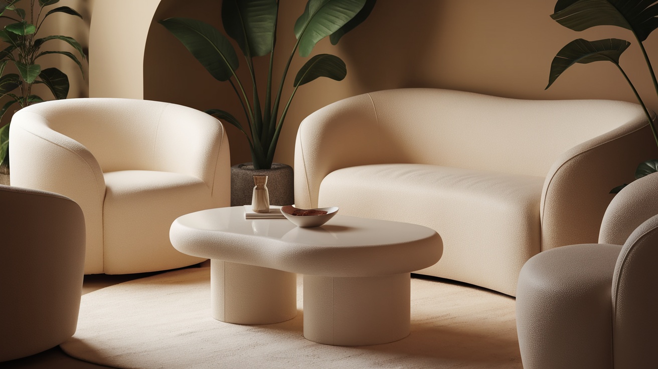 Cozy, softly curved white furniture in a warm room setting.