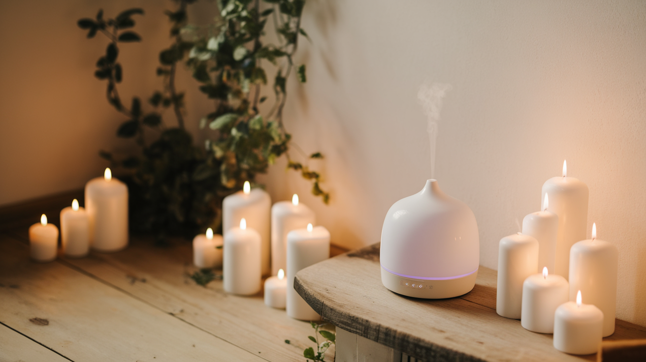 A serene setup featuring candles and an aromatherapy diffuser in a cozy room.