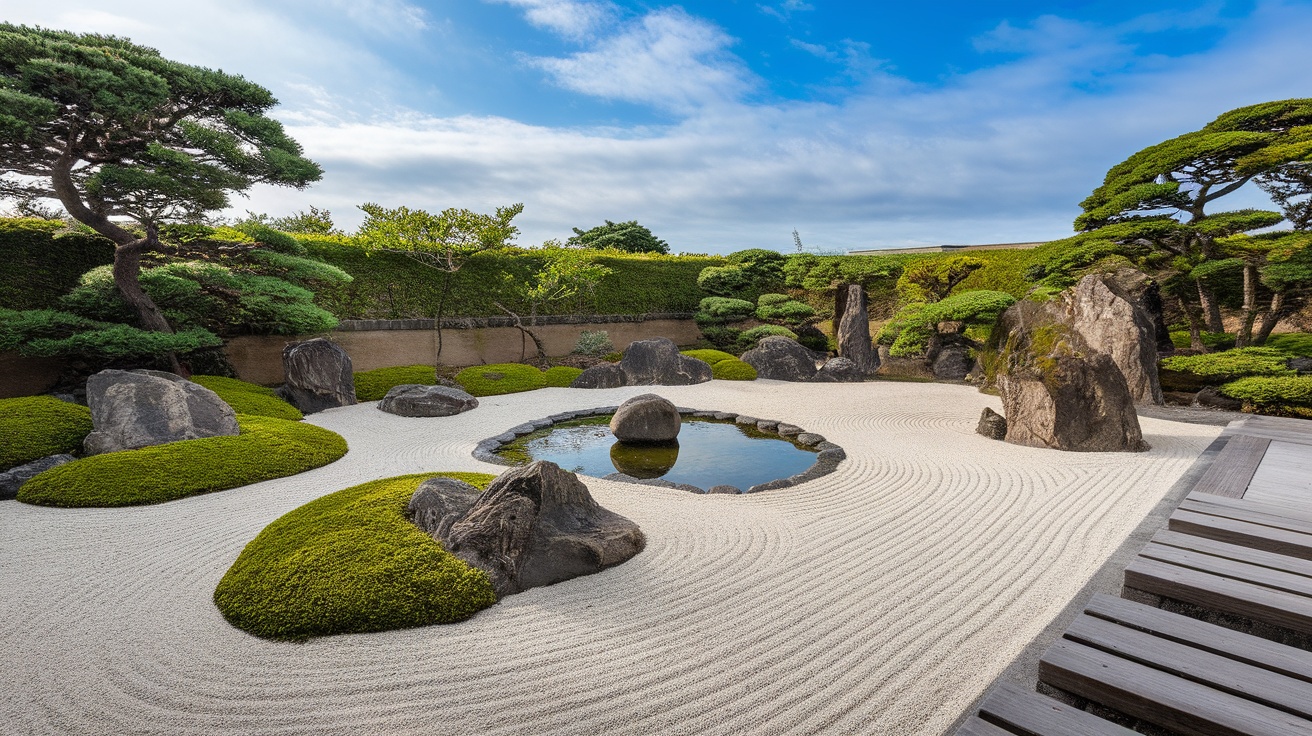 A serene Zen garden featuring raked gravel, mossy stones, and lush greenery under a blue sky.