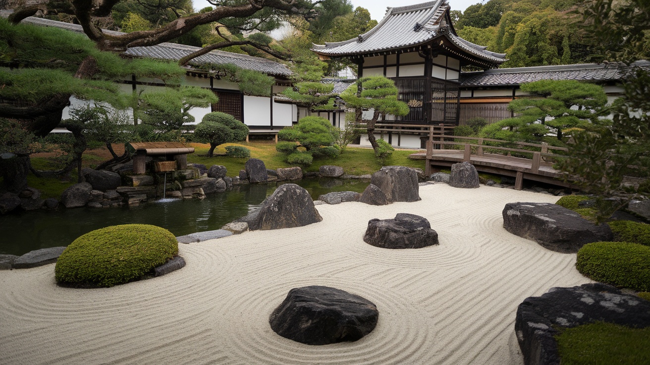 A serene Zen garden featuring raked sand, rocks, and lush greenery.