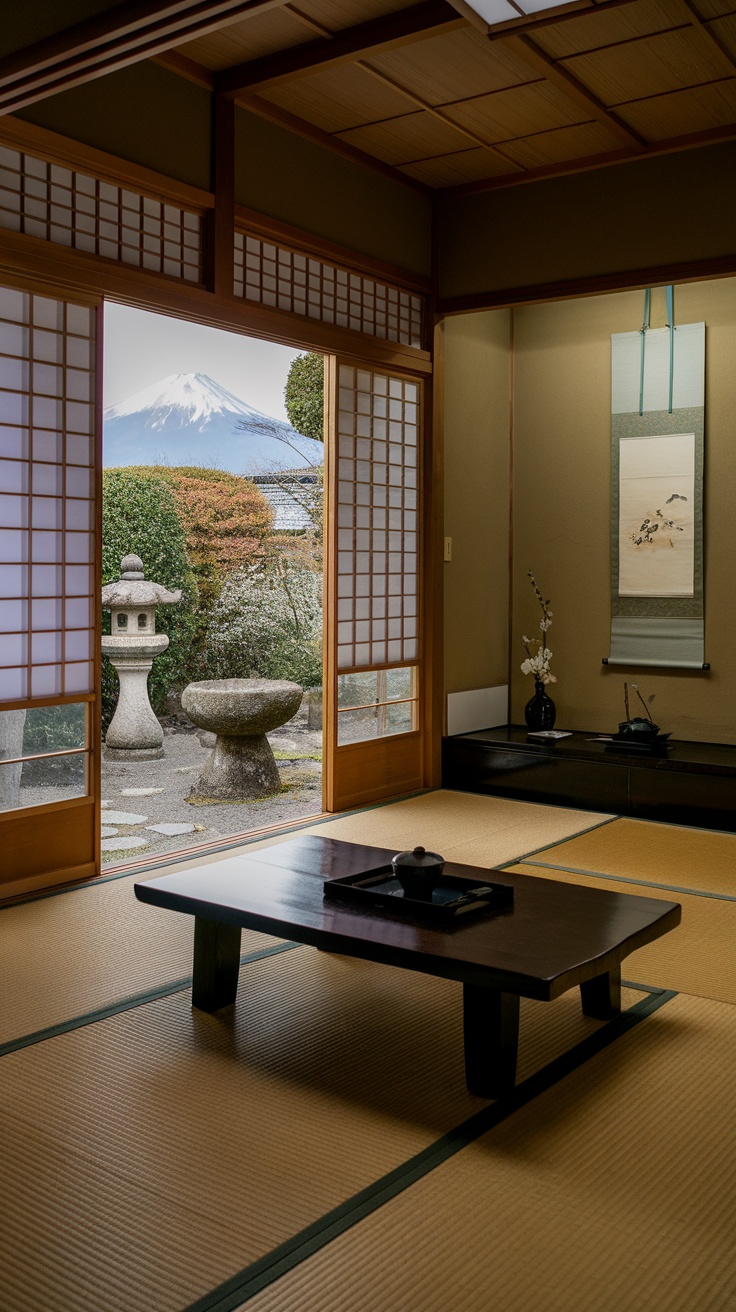 Zen Japanese tea room with a view of a garden and Mount Fuji.