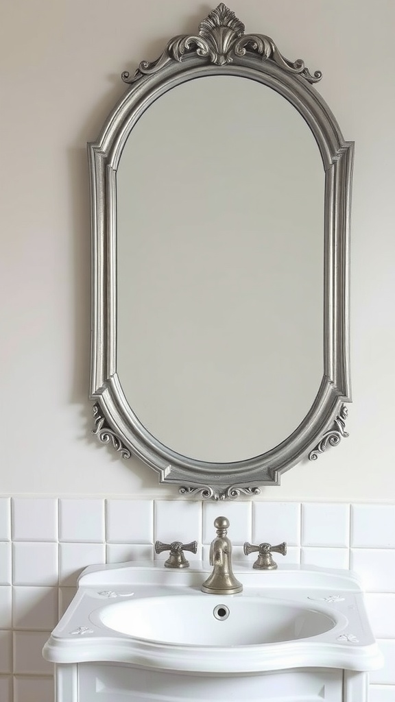 An elegant antique silver mirror above a white sink in a bathroom