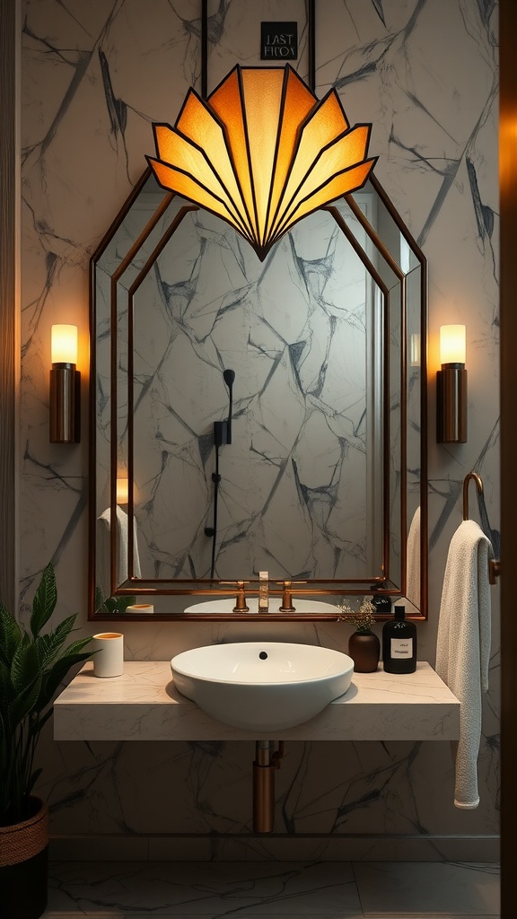 An elegant Art Deco style bathroom mirror with a unique fan-shaped light fixture above it, complemented by a marble wall and minimalist sink.