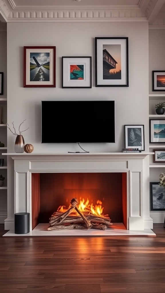 A stylish living room featuring a fireplace, TV, and framed artwork on the walls.
