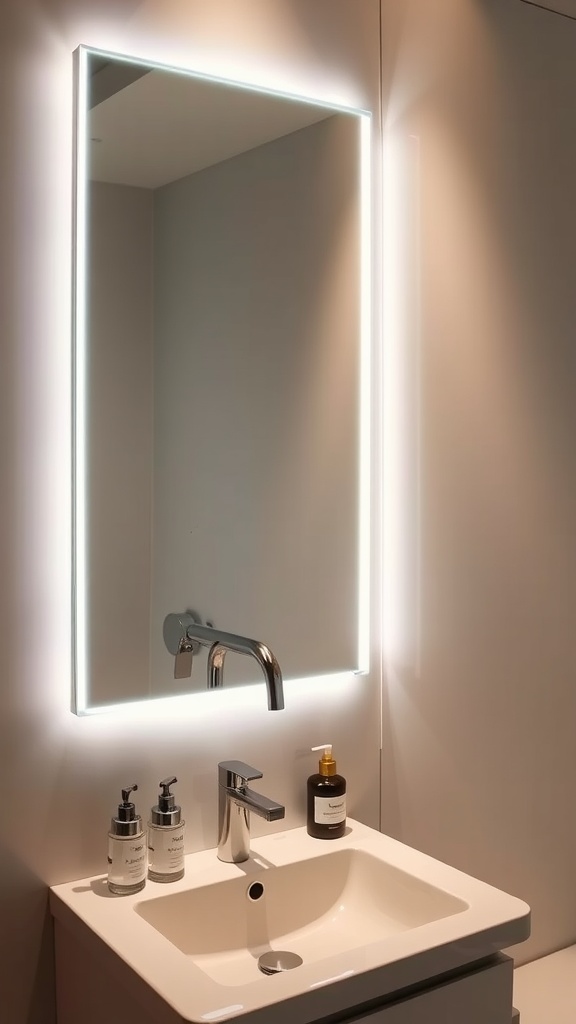 A modern bathroom featuring a backlit mirror above a sleek sink with stylish soap dispensers.