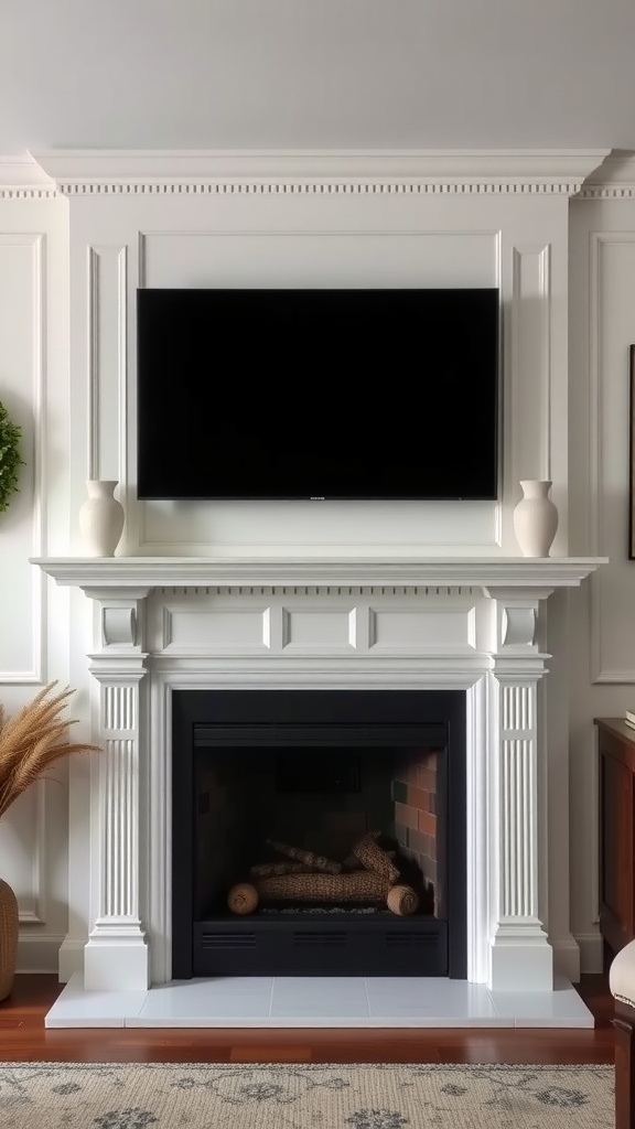 A classic white mantel with a television mounted above a modern fireplace, surrounded by simple decor.