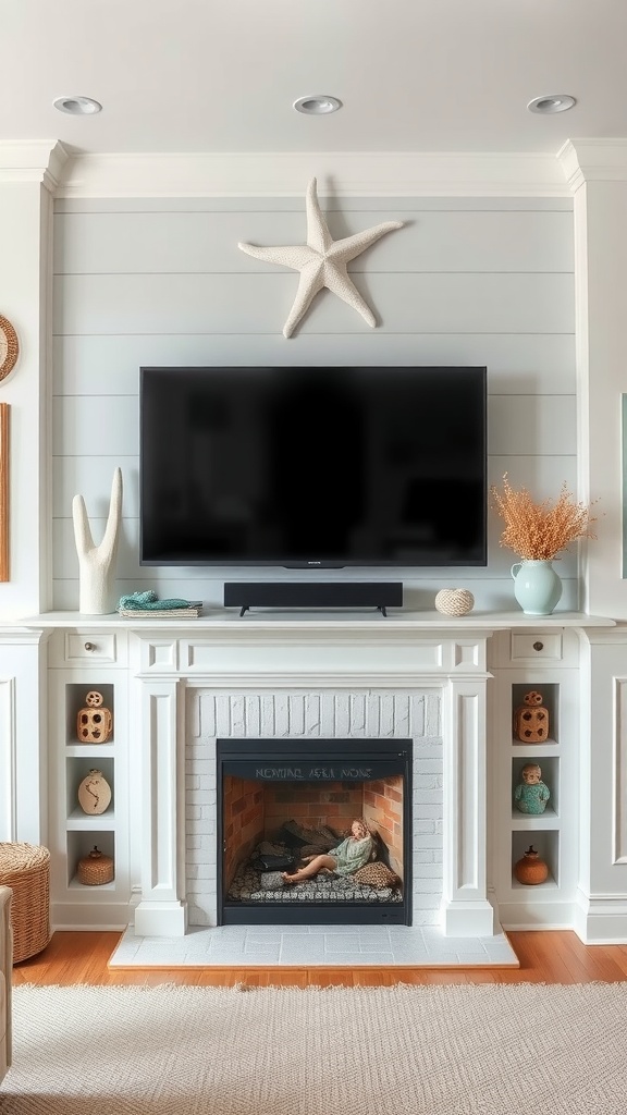 Coastal inspired fireplace wall with TV and decorative accents.