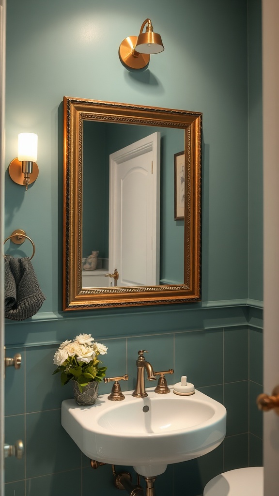 A beautifully decorated bathroom featuring a gold-framed mirror and teal walls, with coordinating light fixtures.