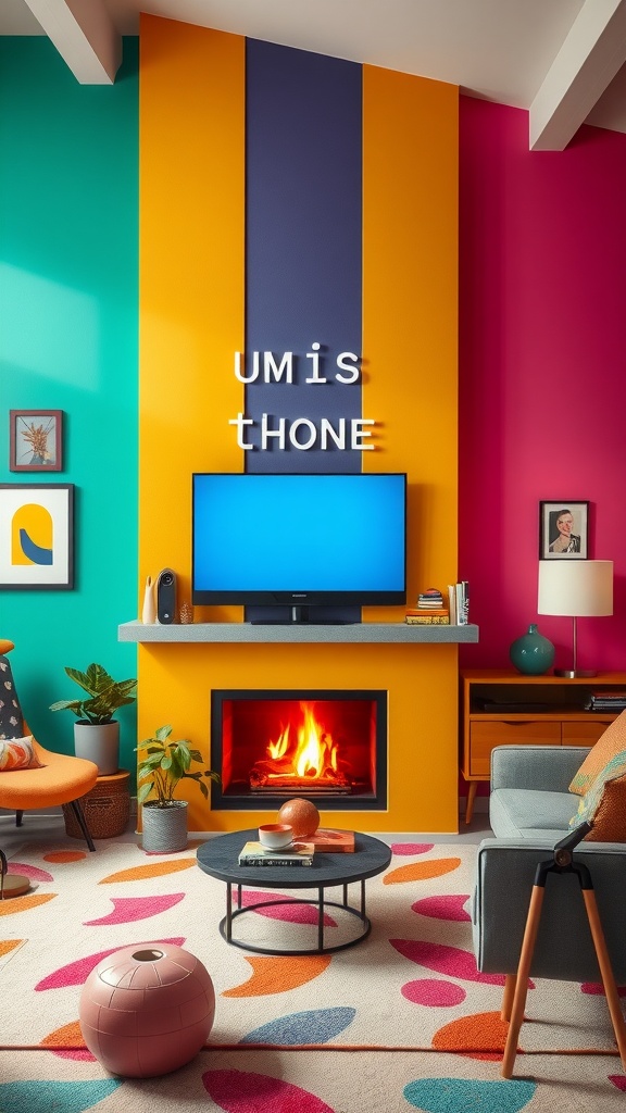A colorful living room featuring a fireplace and TV on an accent wall with teal, orange, and purple stripes.