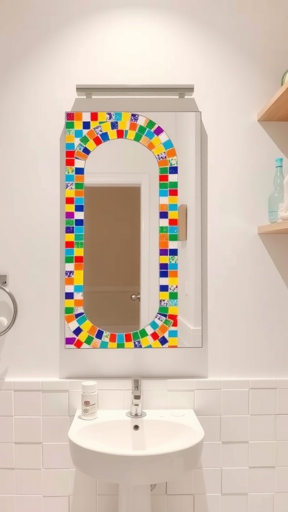 A colorful mosaic mirror framed with vibrant tiles above a sink in a bathroom.