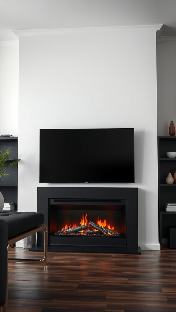 A contemporary black fireplace unit with an electric fireplace and a TV mounted above it in a stylish living room.