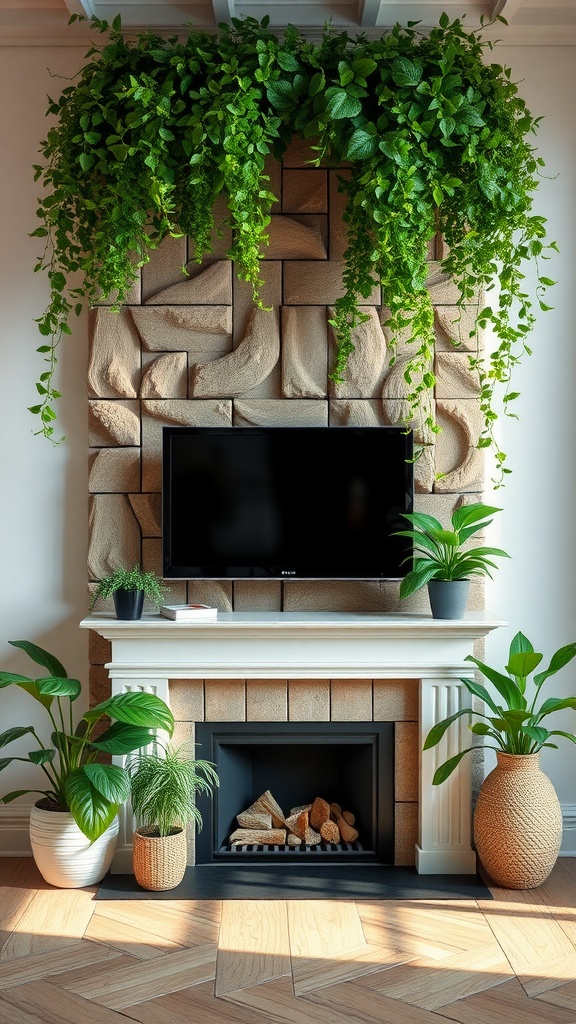 Decorative fireplace wall featuring a TV, plants, and a cozy fireplace.