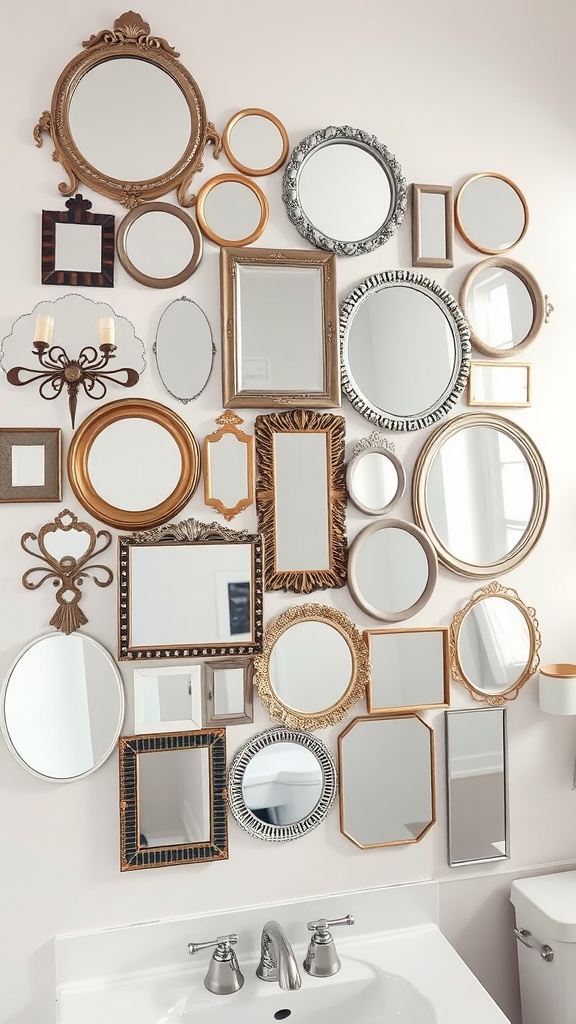 A collage of decorative mirrors in various shapes and sizes on a wall in a bathroom