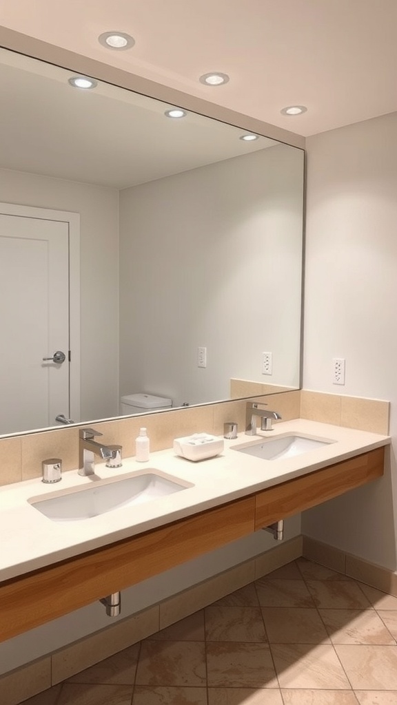 A modern bathroom featuring a double sink with a large mirror above, complemented by stylish faucets and integrated lighting.