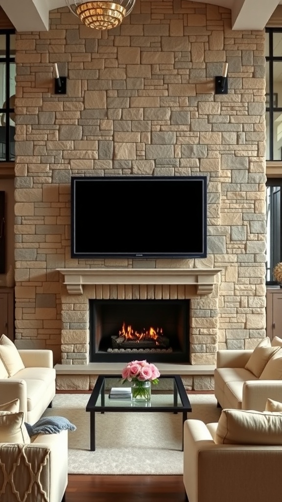 A cozy living room featuring an elegant stone fireplace with an integrated TV, two sofas, and a coffee table.