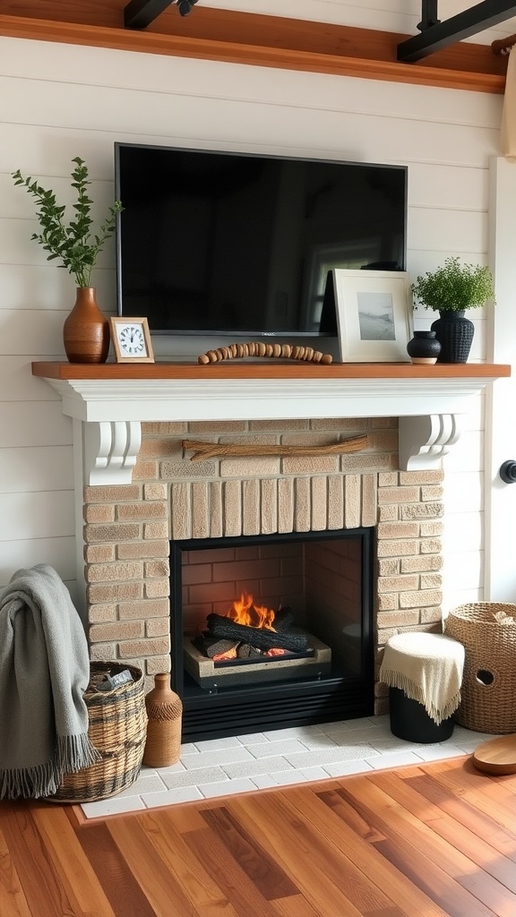 A cozy farmhouse style fireplace with a TV above it, surrounded by warm decor elements.
