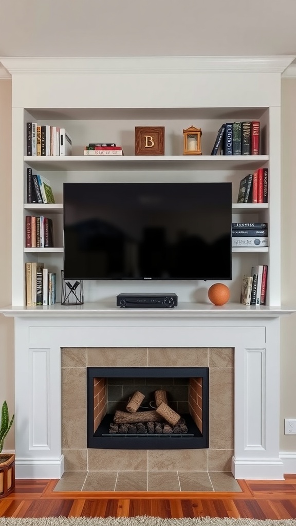 A fireplace wall featuring built-in shelving, a television, and decorative items for a cozy living space.