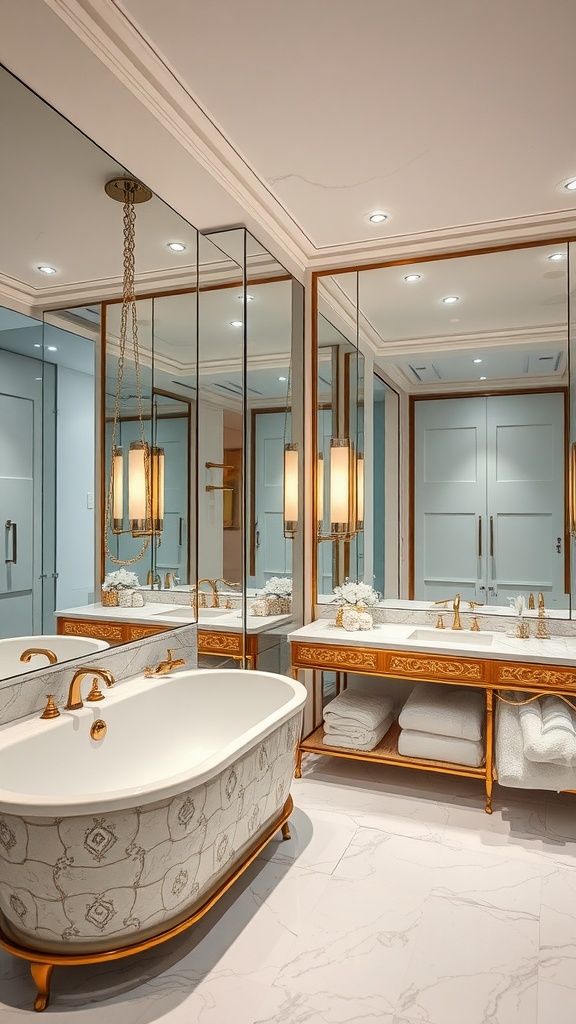 Stylish bathroom with floor-to-ceiling mirrored walls, a chic bathtub, and a decorative vanity.