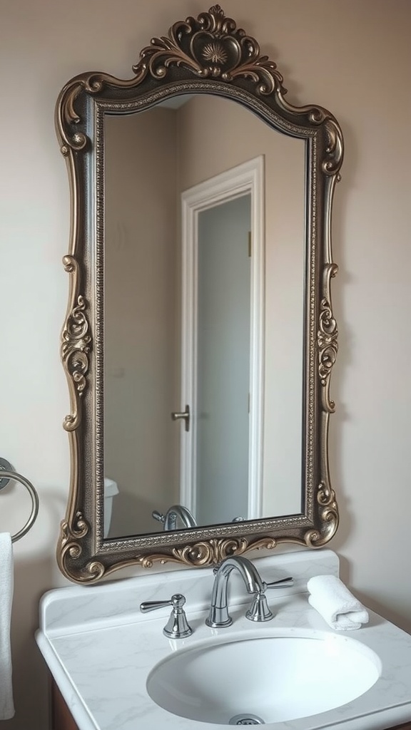 Ornate framed mirror above a bathroom sink with chrome fixtures and marble countertop