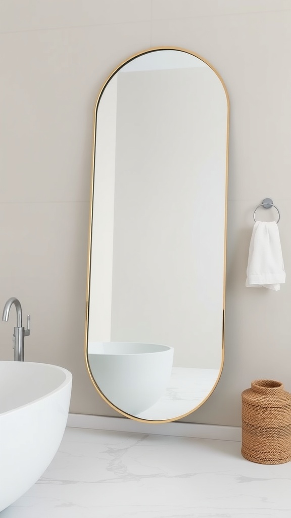 A stylish freestanding mirror with a golden frame in a modern bathroom setting.