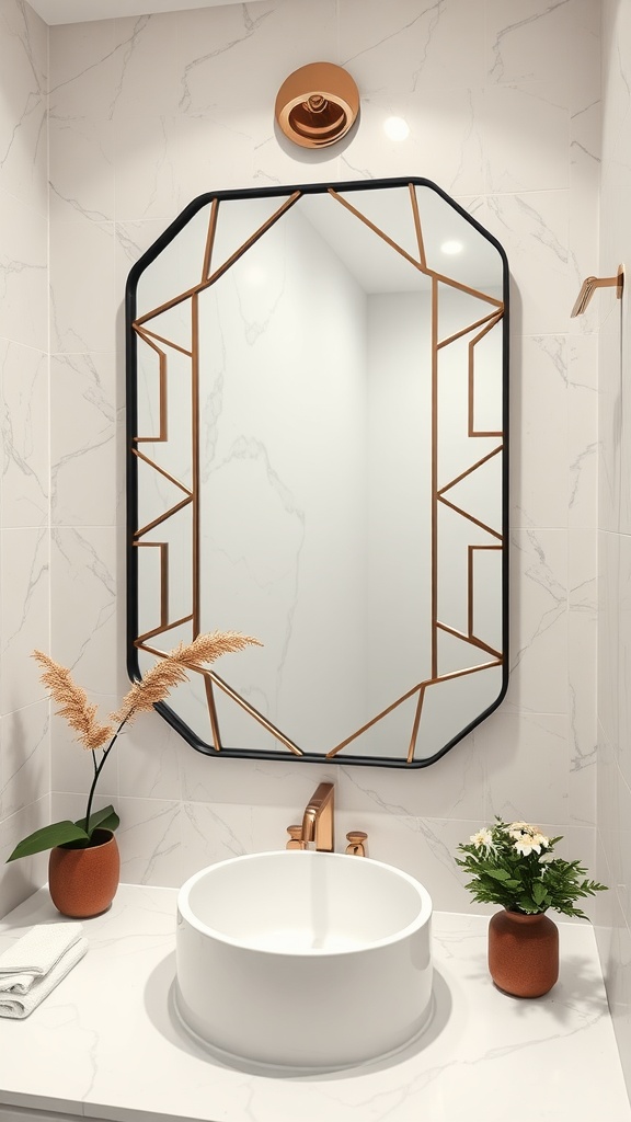 A geometric patterned mirror above a modern sink in a bathroom with decorative plants.