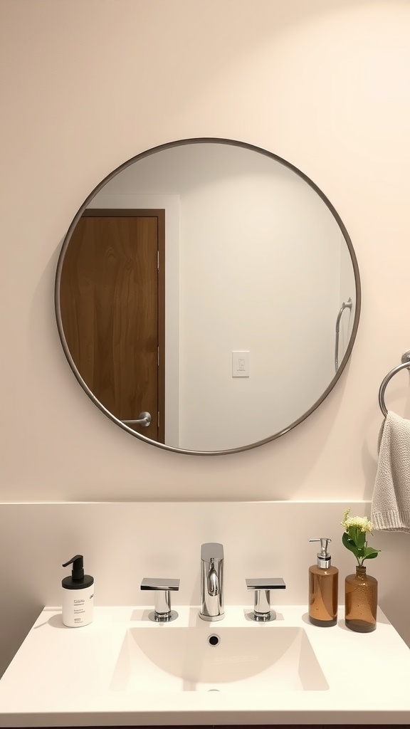 A bathroom featuring a half-moon shaped mirror above a modern sink with stylish fixtures and decor.