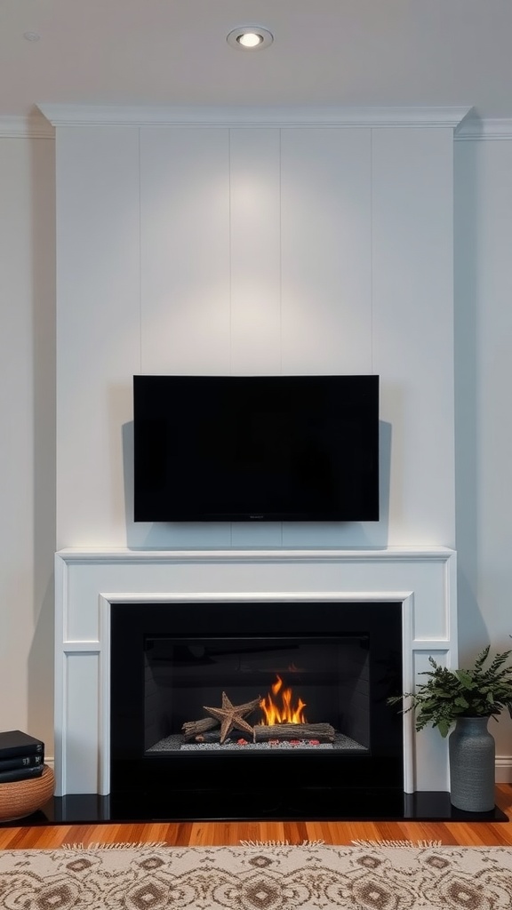 A modern fireplace wall featuring a smart TV, complemented by a cozy decor and a plant.