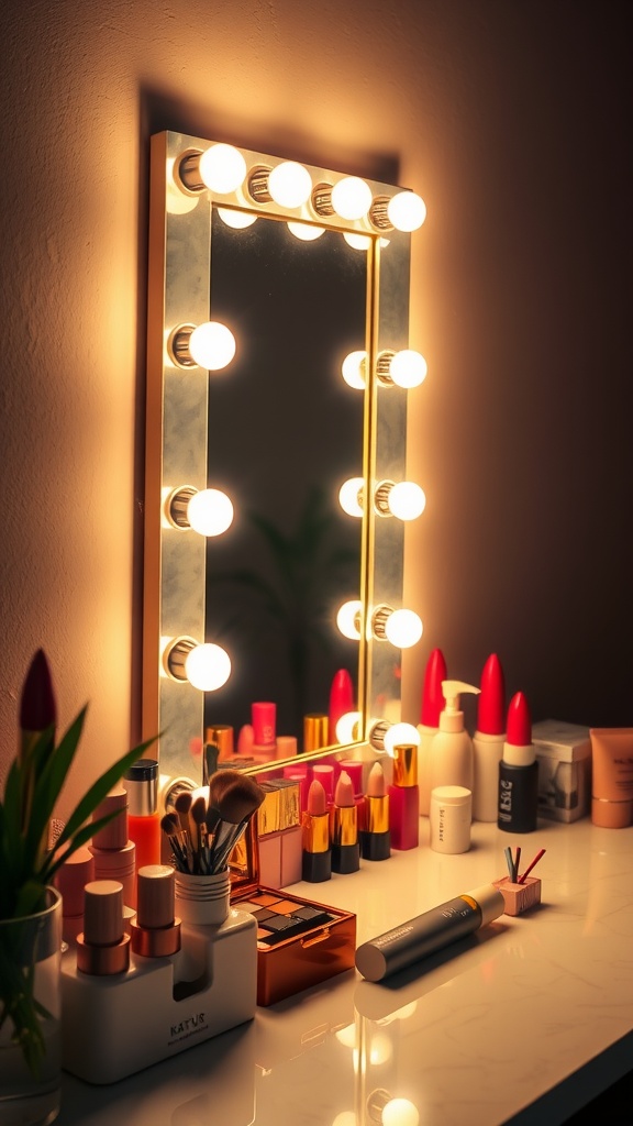 A well-lit vanity mirror surrounded by beauty products on a countertop