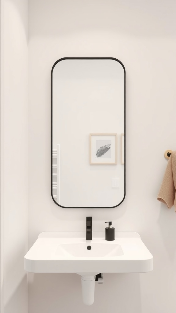 Minimalist bathroom design featuring a black frame mirror above a white sink with a simple setup.