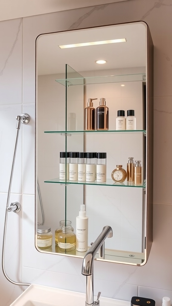 A bathroom mirror cabinet with glass shelves displaying skincare products.