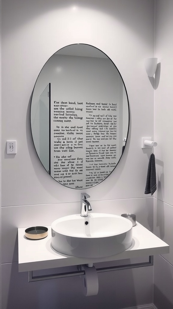 A modern bathroom with an oval mirror featuring text, a round sink, and minimalistic decor.