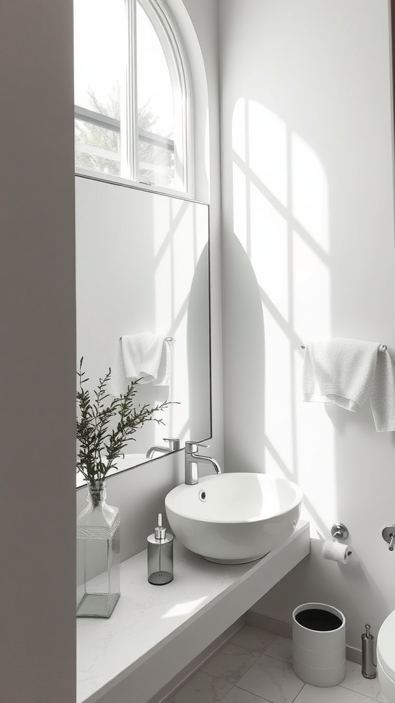 A bright bathroom with a large mirror reflecting natural light, minimal decor, and a cozy atmosphere.