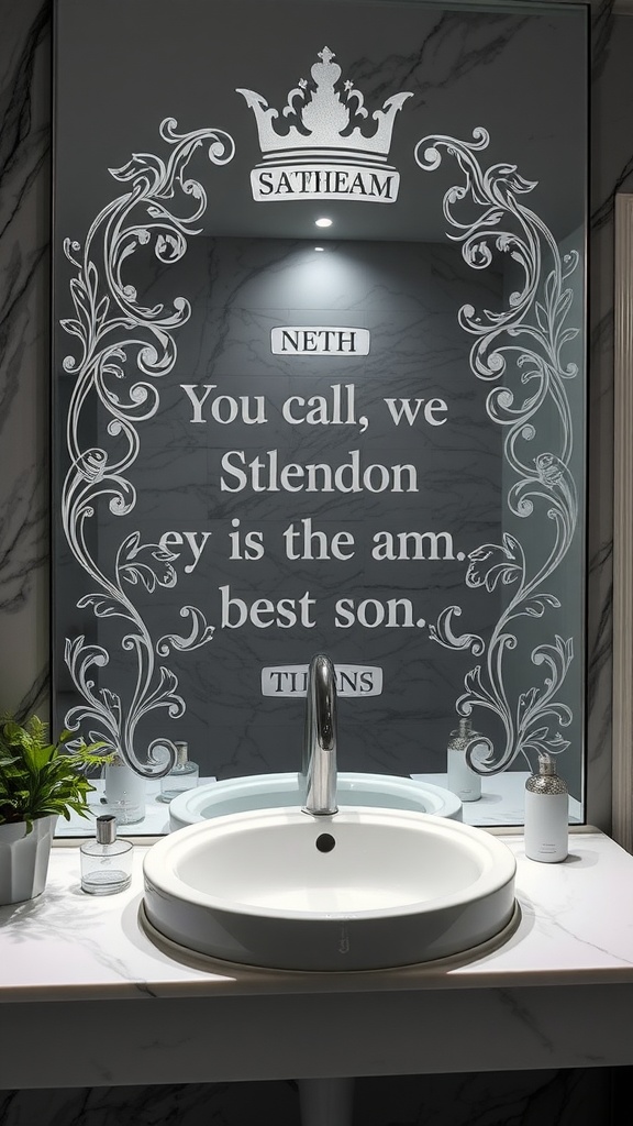 A bathroom mirror with etched designs and a thoughtful message, surrounded by elegant decor.