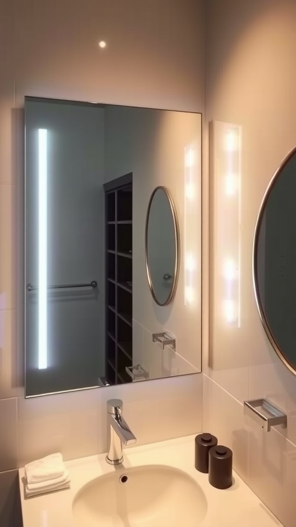 A bathroom mirror with LED lighting, featuring a sleek design and soft illumination.