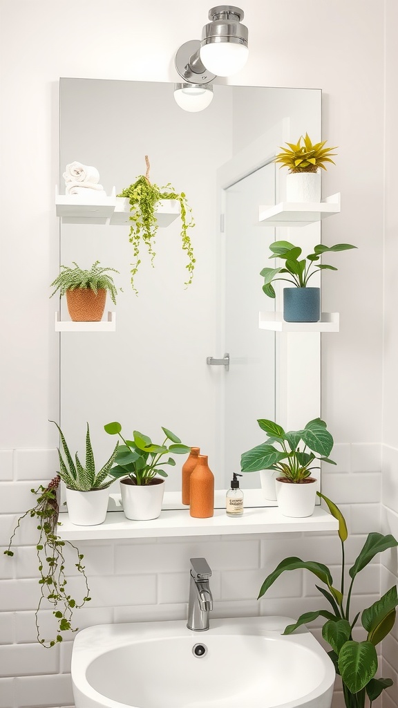 A bathroom mirror with shelves displaying plants and toiletries.