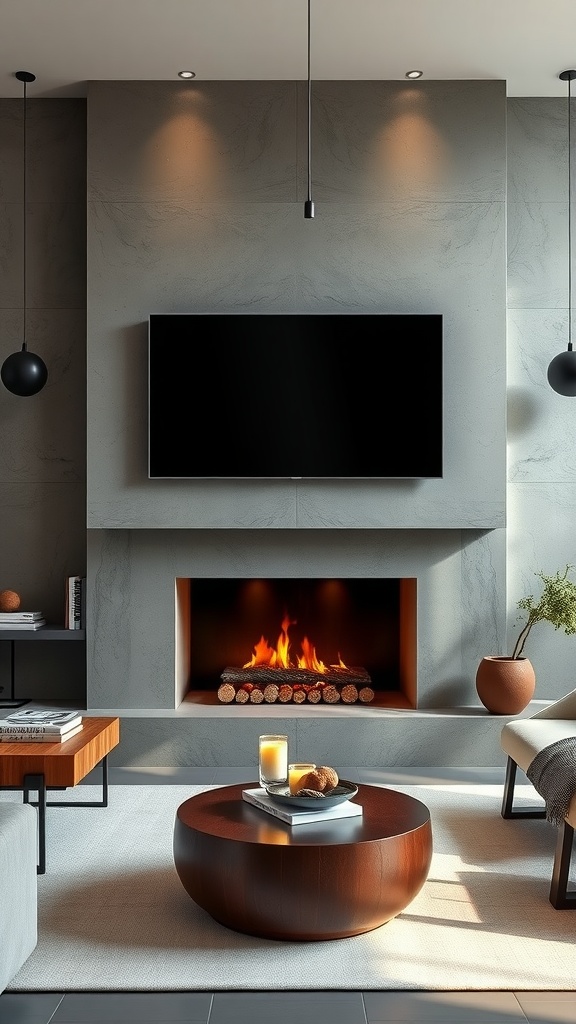A modern living room featuring a concrete fireplace and a wall-mounted TV, with a cozy ambiance.