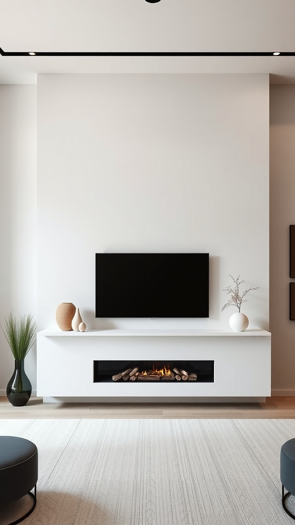 A minimalist living room featuring a modern fireplace below a TV, with white cabinetry and decorative plants.