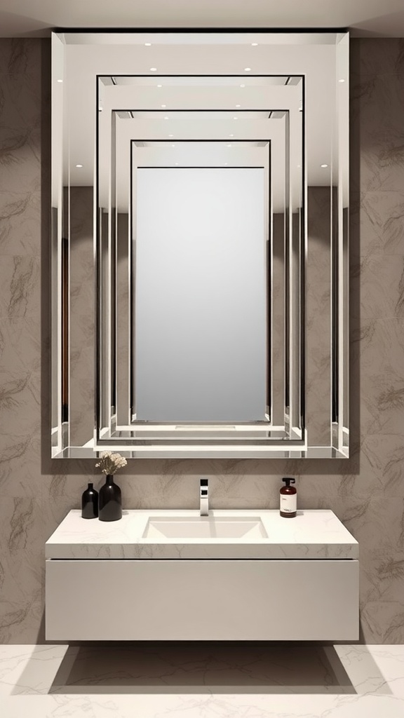 A modern bathroom with multi-layered mirrors creating depth and elegance.