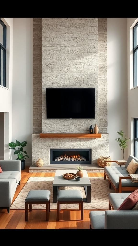 An open concept living room featuring a modern fireplace, a mounted TV, gray sofas, and natural light from large windows.