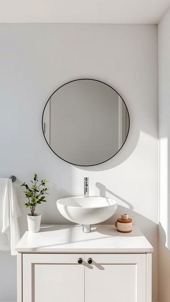 A modern bathroom featuring a round mirror above a stylish sink with a small plant and storage.