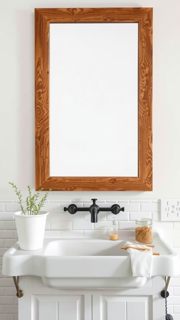 Rustic wood framed mirror above a white basin in a bathroom