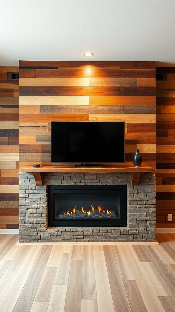 A rustic wood panel fireplace with a TV mounted above, featuring a stone-framed fireplace and warm wooden accents.