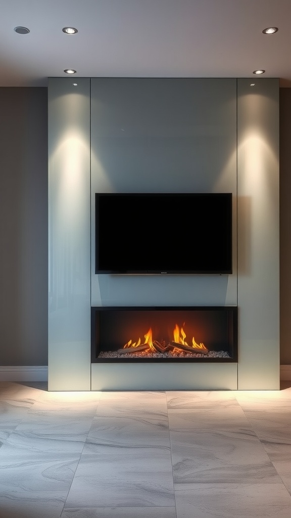 Modern glass fireplace with a TV above it, set in a stylish room.