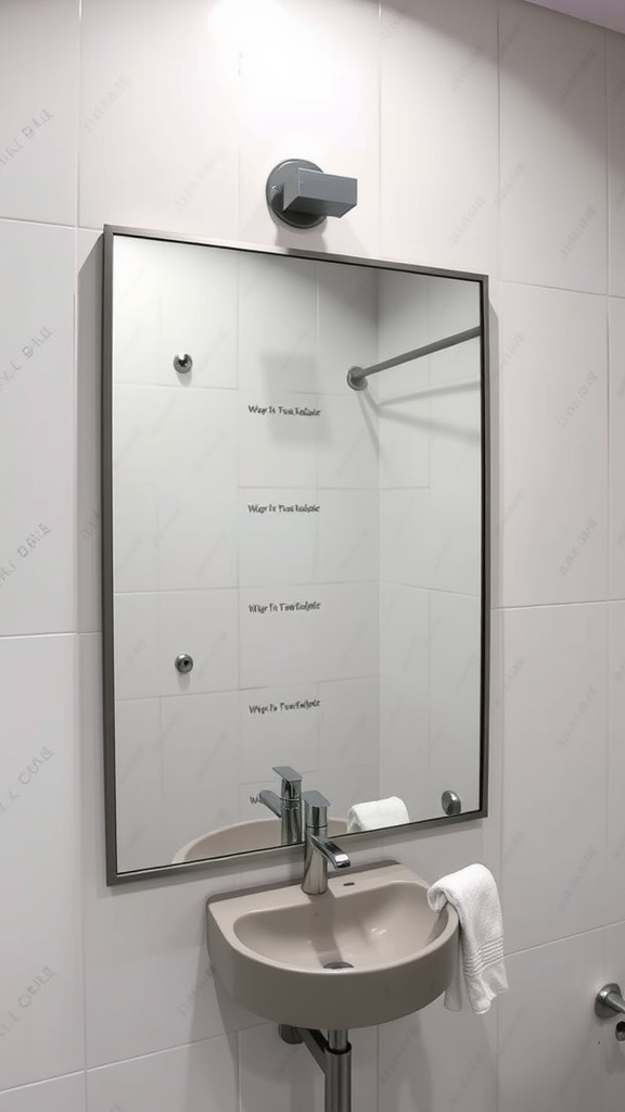 A bathroom mirror with a sleek metal frame above a modern sink and towel.