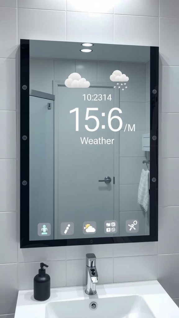 A modern smart mirror displaying time and weather information in a sleek bathroom setting.